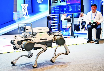  網(wǎng)絡(luò)安全博覽會(huì)上的企業(yè)展示電網(wǎng)巡線機(jī)器狗。新華社記者 鄧華攝