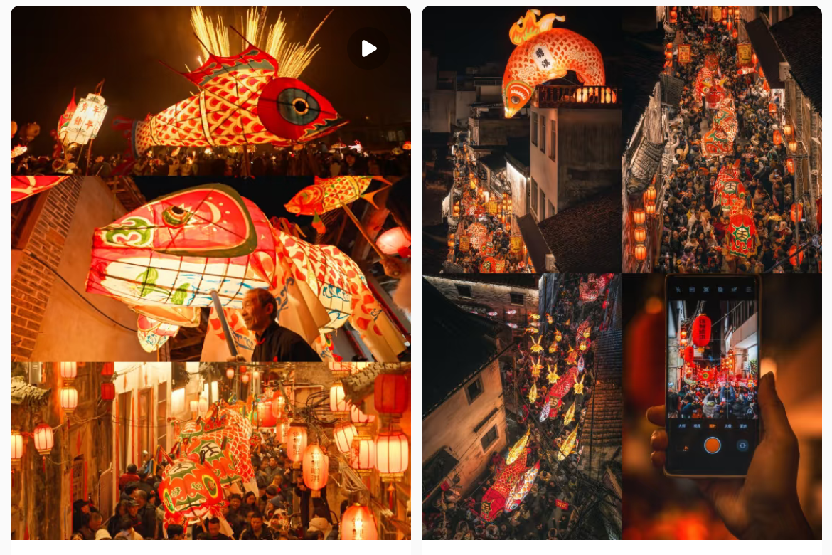 魚燈相關(guān)視頻、圖片獲得數(shù)萬點贊。社交媒體截圖